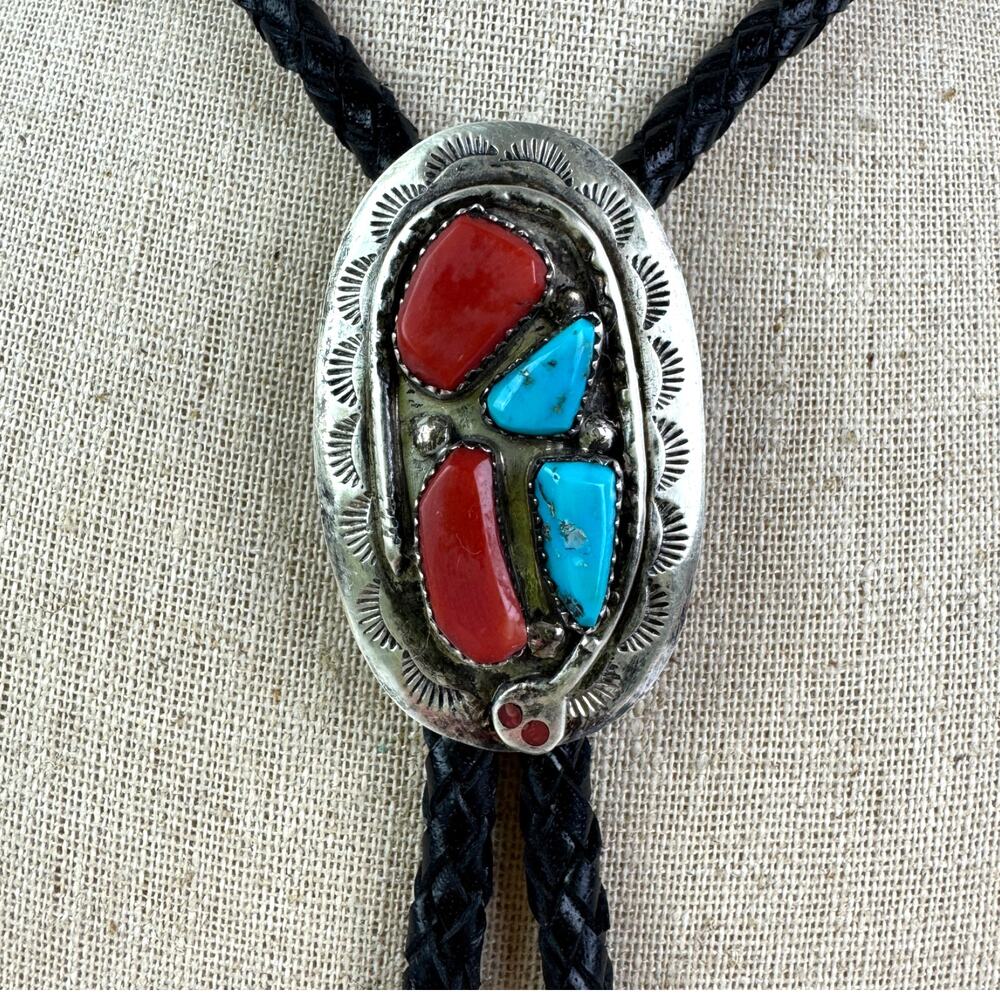 VTG Native American Effie C Zuni Turquoise Coral Sterling Silver Snake Bolo Tie
